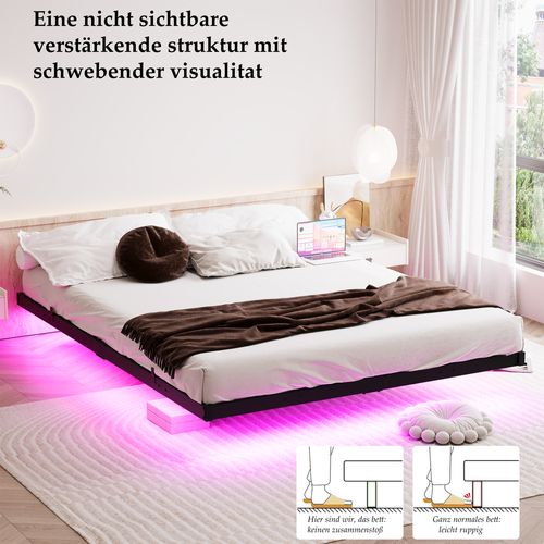Lit Adulte 140x190 Cm Avec Éclairage LED Et Station De Charge, Métal Noir, Sommier à Lattes