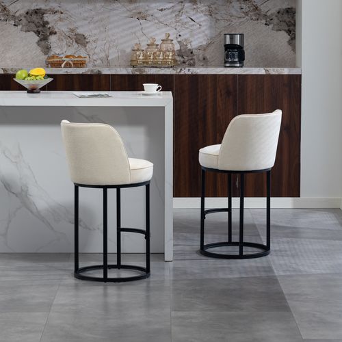 Lot De 2 Tabourets De Bar 88.5x49.5 Cm, En Lin Beige, Pieds En Métal Noir, Assise 63,5 Cm