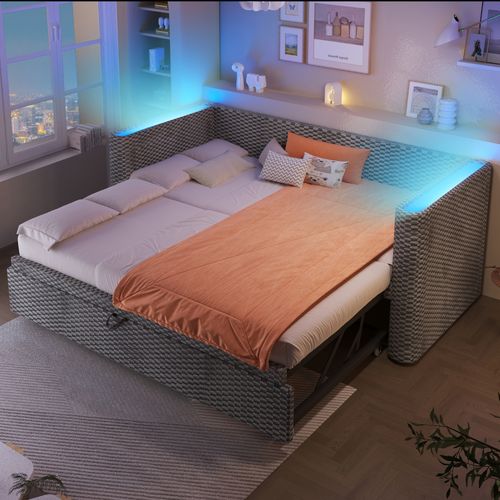 Lit Enfant Extensible 90/180x200 Cm + Lit Gigogne 90x190 Cm Velours Gris Avec Éclairage LED