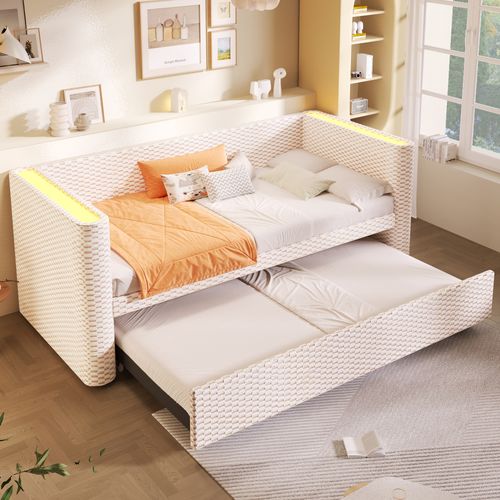 Lit Enfant Extensible 90/180x200 Cm + Lit Gigogne 90x190 Cm Velours Beige Avec Éclairage LED