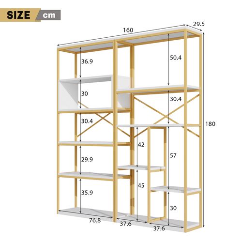 Étagère Moderne 160x29,5x180 Cm Bibliothèque En Métal Blanc Et Doré, Salon Et Chambre