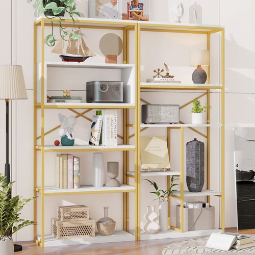 Étagère Moderne 160x29,5x180 Cm Bibliothèque En Métal Blanc Et Doré, Salon Et Chambre