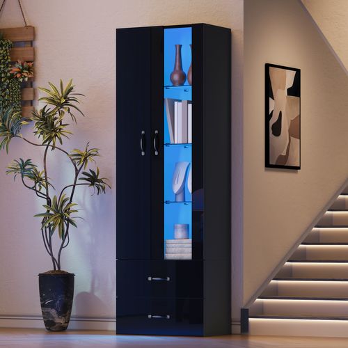 Vitrine Noire LED 60 X 35 X 182,5 Cm, 2 Tiroirs, Porte En Acrylique, Meuble D'exposition Pour Salon