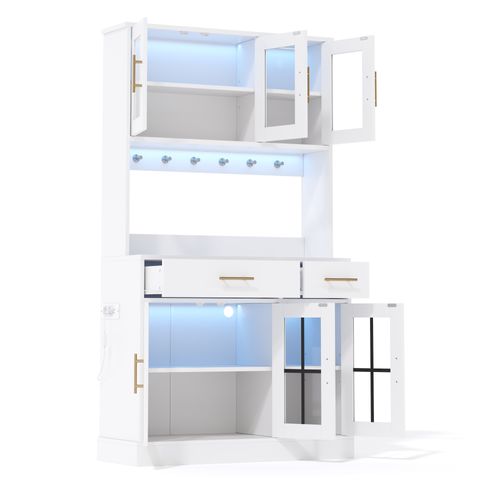 Buffet De Cuisine 180 Cm Blanc Avec LED, 6 Portes Et 2 Tiroirs, Étagères Réglables