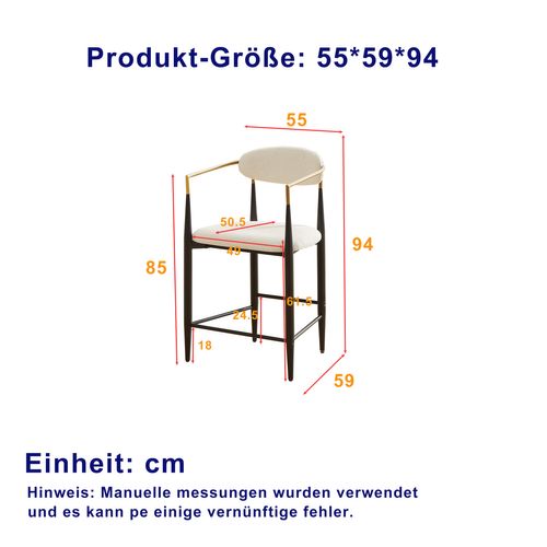 Lot De 2 Tabourets De Bar 94 Cm Avec Accoudoirs, Cadre Métal Noir, Accents Dorés, Tissu Beige