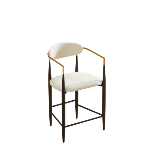 Lot De 2 Tabourets De Bar 94 Cm Avec Accoudoirs, Cadre Métal Noir, Accents Dorés, Tissu Beige