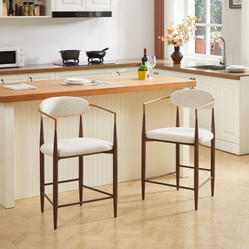 Lot De 2 Tabourets De Bar 94cm Avec Accoudoirs Dorés, Cadre Métal Brun Foncé, Assise Tissu Beige