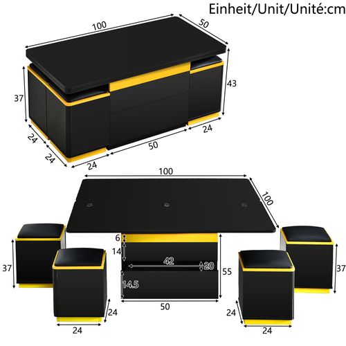Table Basse Relevable Pliante Noire Et Jaune + 4 Tabourets Rangement, Convertible Table à Manger