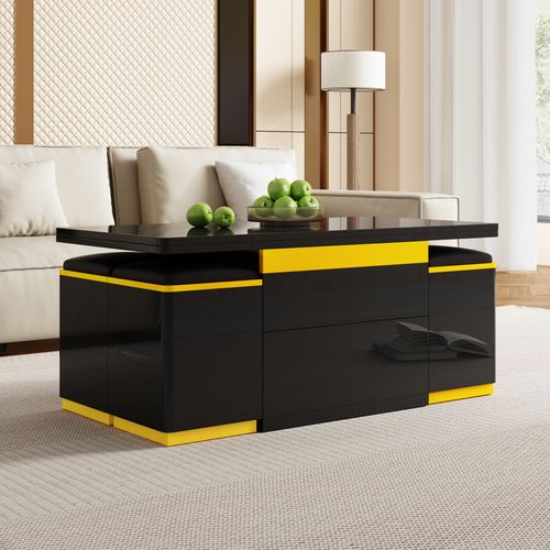 Table Basse Relevable Pliante Noire Et Jaune + 4 Tabourets Rangement, Convertible Table à Manger
