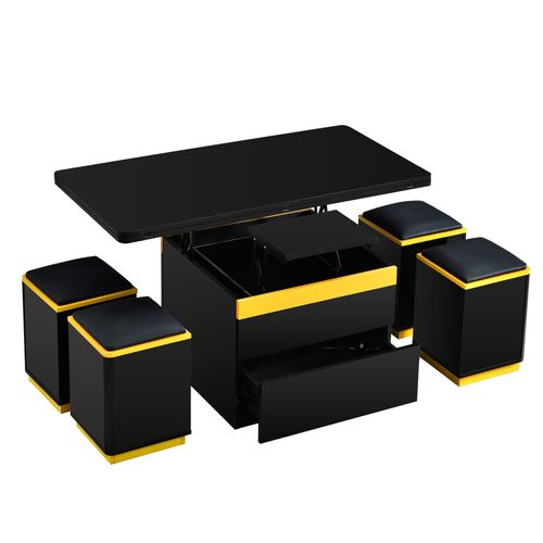 Table Basse Relevable Pliante Noire Et Jaune + 4 Tabourets Rangement, Convertible Table à Manger