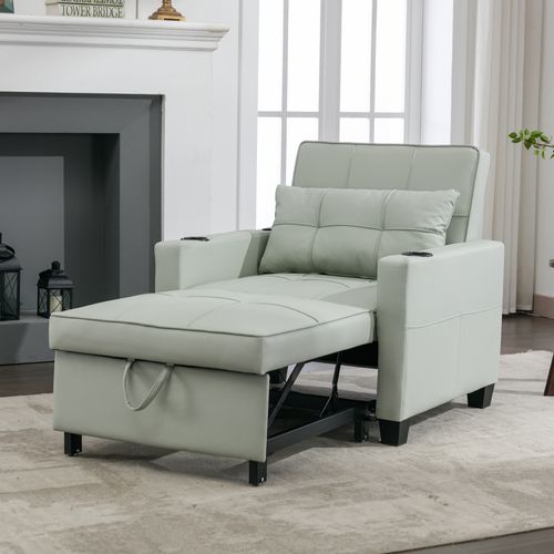 Fauteuil Convertible Avec Rangements Et Ports USB, Bois Et Métal, Simili Vert Clair