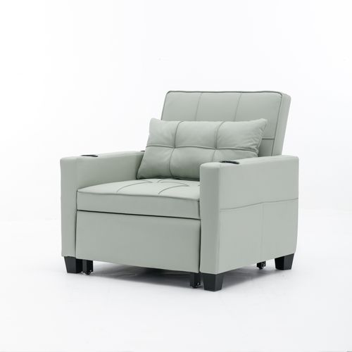 Fauteuil Convertible Avec Rangements Et Ports USB, Bois Et Métal, Simili Vert Clair