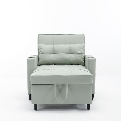 Fauteuil Convertible Avec Rangements Et Ports USB, Bois Et Métal, Simili Vert Clair
