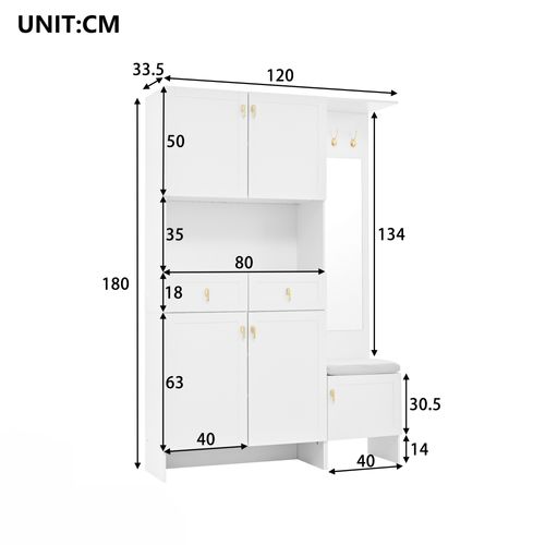 Vestiaire D’entrée Blanc 180 Cm Avec Miroir, LED Réglable, 5 Portes Et 2 Tiroirs