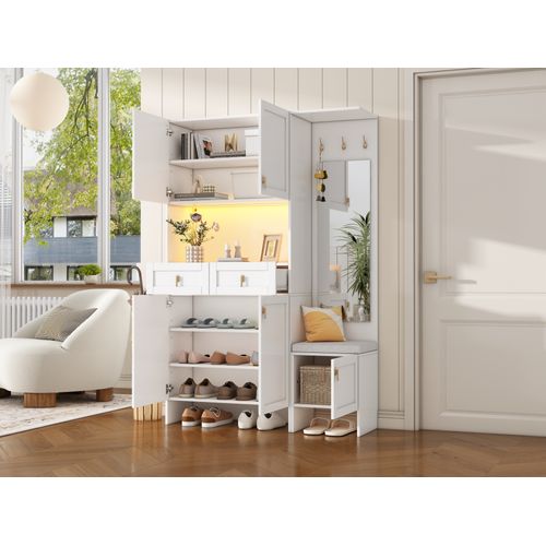 Vestiaire D’entrée Blanc 180 Cm Avec Miroir, LED Réglable, 5 Portes Et 2 Tiroirs