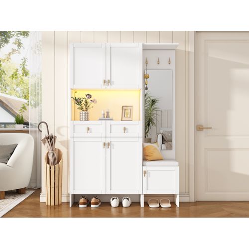 Vestiaire D’entrée Blanc 180 Cm Avec Miroir, LED Réglable, 5 Portes Et 2 Tiroirs