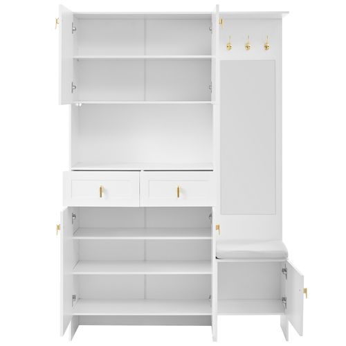 Vestiaire D’entrée Blanc 180 Cm Avec Miroir, LED Réglable, 5 Portes Et 2 Tiroirs