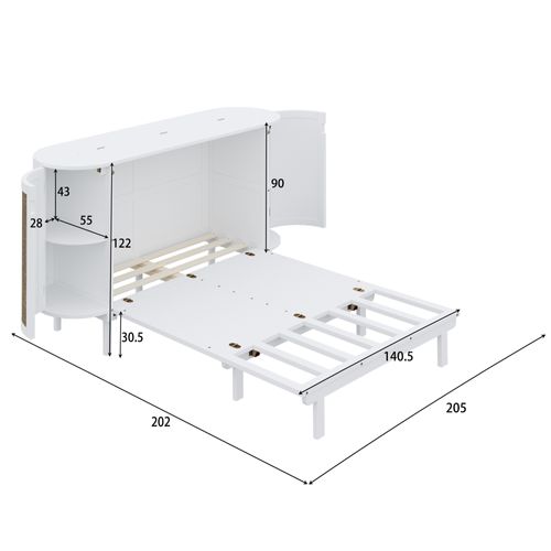 Lit Escamotable Rabattable 140x200 Cm, Bois Blanc Avec 2 Portes Et Rangements, Sommier à Lattes