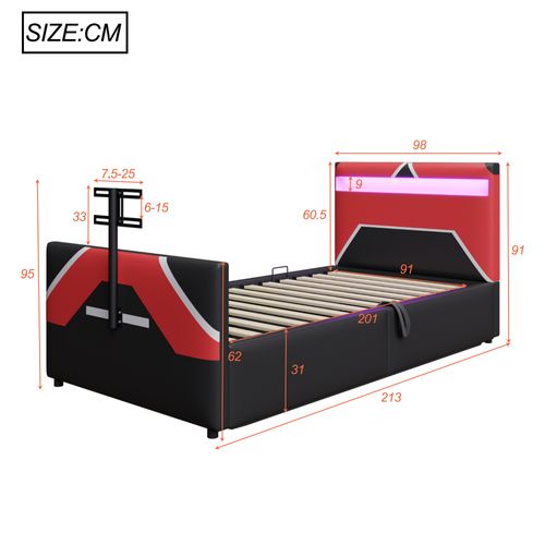 Lit Simple Coffre 90x200 Cm Pu Noir Avec LED Et Support TV, Avec Rangements