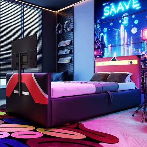 Lit Simple Coffre 90x200 Cm Pu Noir Avec LED Et Support TV, Avec Rangements