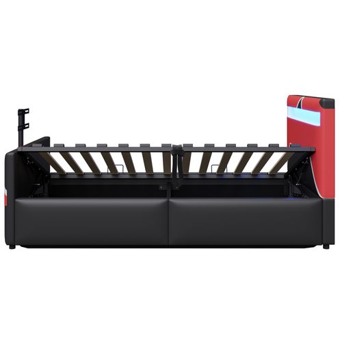 Lit Simple Coffre 90x200 Cm Pu Noir Avec LED Et Support TV, Avec Rangements