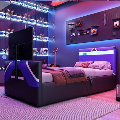 Lit Simple Coffre 90x200 Cm LED Avec Rangements, Pu Noir Et Support TV