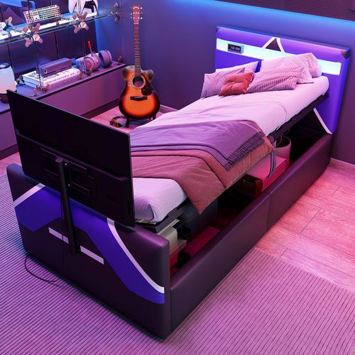 Lit Simple Coffre 90x200 Cm LED Avec Rangements, Pu Noir Et Support TV