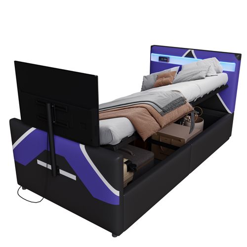 Lit Simple Coffre 90x200 Cm LED Avec Rangements, Pu Noir Et Support TV