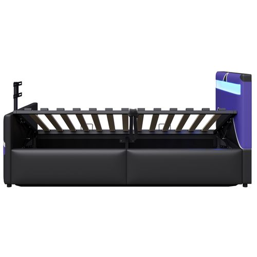 Lit Simple Coffre 90x200 Cm LED Avec Rangements, Pu Noir Et Support TV