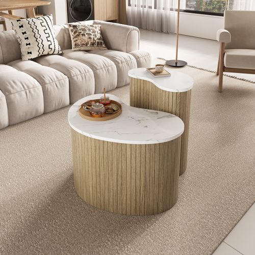 Lot De 2 Tables Basses 60x37x38 et 40x25x50 Cm, Design Scandinave, Aspect Marbré Et Bois