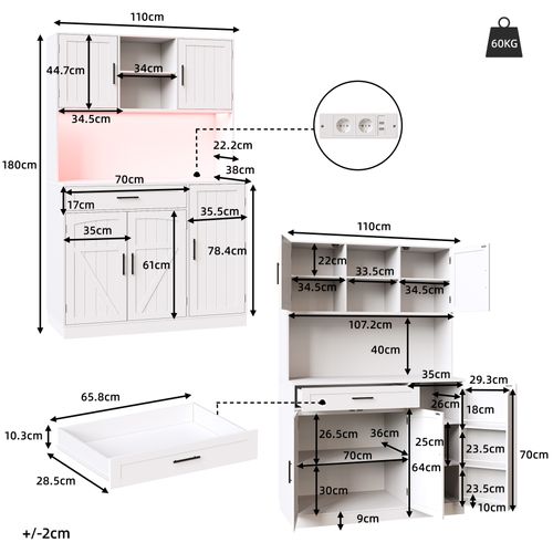 Buffet De Cuisine Haut 110x38x180 Cm Avec LED Et 2 Prises + 2 USB, Mdf Blanc