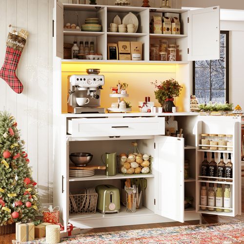 Buffet De Cuisine Haut 110x38x180 Cm Avec LED Et 2 Prises + 2 USB, Mdf Blanc