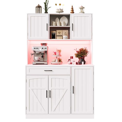 Buffet De Cuisine Haut 110x38x180 Cm Avec LED Et 2 Prises + 2 USB, Mdf Blanc