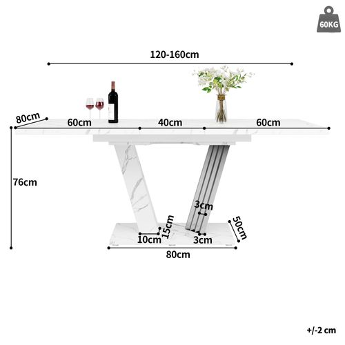 Ensemble Salle à Manger Table Extensible 120/160 Cm Blanche Effet Marbre Et 4 Chaises Simili Noir