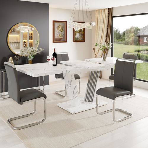 Ensemble Salle à Manger Table Extensible 120/160 Cm Blanche Effet Marbre Et 4 Chaises Simili Noir