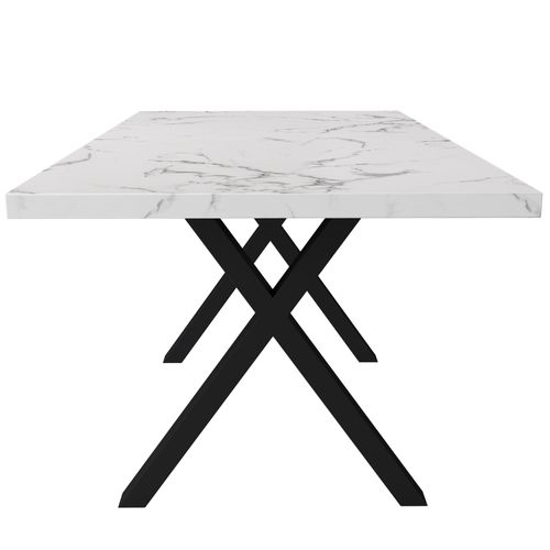 Table à Manger Rectangulaire 140x80x76 Cm, Plateau Effet Marbre Blanc, Pieds Croisés En Métal