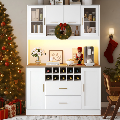Buffet De Cuisine Haut 180 Cm Blanc Avec LED Et 2 Prises + 2 USB, Casier à Vin, 6 Portes, 2 Tiroirs