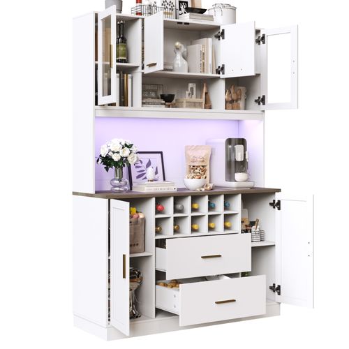 Buffet De Cuisine Haut 180 Cm Blanc Avec LED Et 2 Prises + 2 USB, Casier à Vin, 6 Portes, 2 Tiroirs