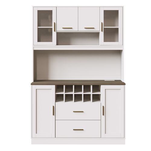 Buffet De Cuisine Haut 180 Cm Blanc Avec LED Et 2 Prises + 2 USB, Casier à Vin, 6 Portes, 2 Tiroirs