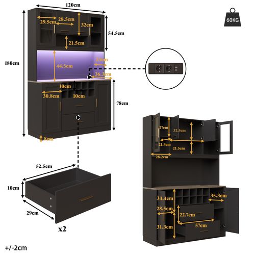 Buffet De Cuisine Haut 180 Cm Noir Avec LED Et 2 Prises + 2 USB, Casier à Vin, 6 Portes, 2 Tiroirs