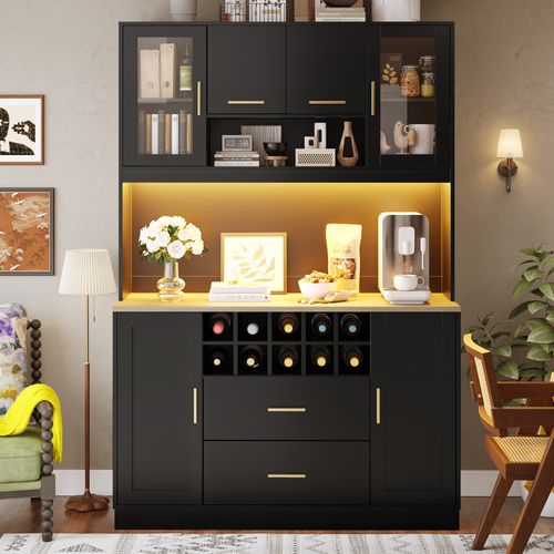 Buffet De Cuisine Haut 180 Cm Noir Avec LED Et 2 Prises + 2 USB, Casier à Vin, 6 Portes, 2 Tiroirs