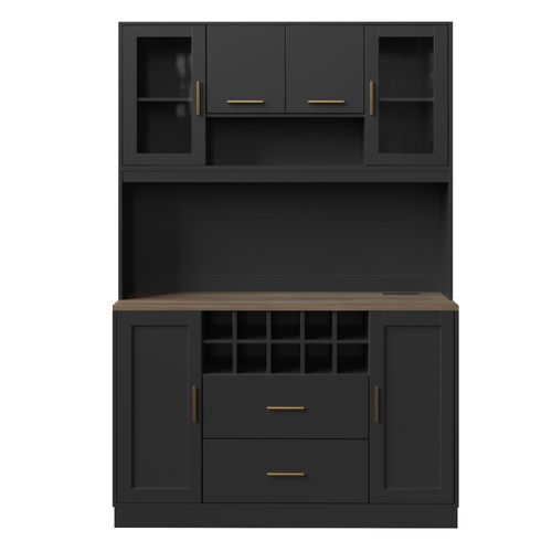 Buffet De Cuisine Haut 180 Cm Noir Avec LED Et 2 Prises + 2 USB, Casier à Vin, 6 Portes, 2 Tiroirs