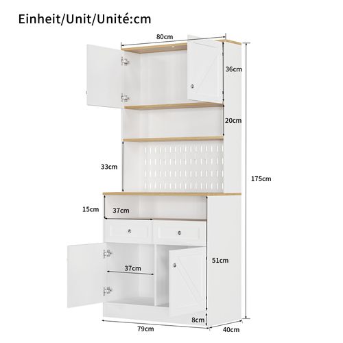 Buffet De Cuisine Haut 175 Cm Blanc Et Bois Naturel Avec 4 Portes Et 2 Tiroirs, Rangement Pratique