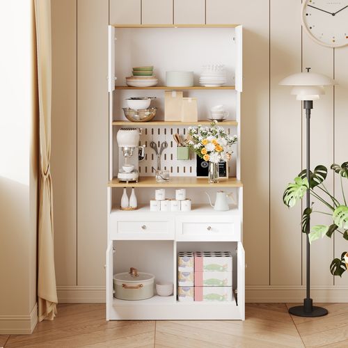 Buffet De Cuisine Haut 175 Cm Blanc Et Bois Naturel Avec 4 Portes Et 2 Tiroirs, Rangement Pratique