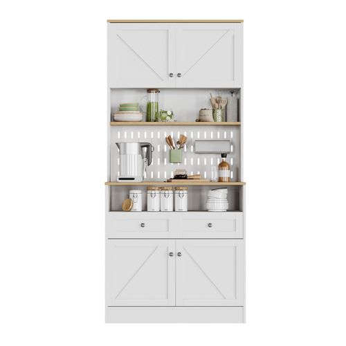 Buffet De Cuisine Haut 175 Cm Blanc Et Bois Naturel Avec 4 Portes Et 2 Tiroirs, Rangement Pratique