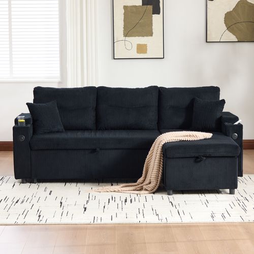 Canapé D'angle Convertible 3 Places En Velours Côtelé Noir, Ports USB Et Coffre Rangements