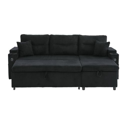 Canapé D'angle Convertible 3 Places En Velours Côtelé Noir, Ports USB Et Coffre Rangements