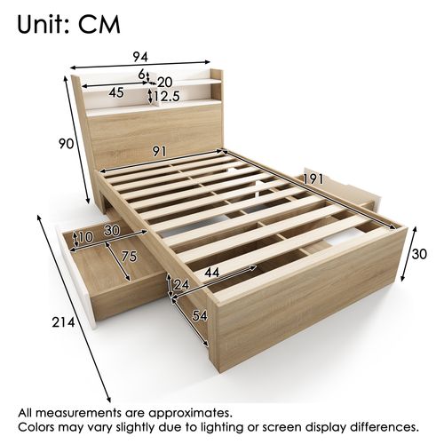 Lit Enfant 90x190 Cm Avec 2 Tiroirs, Étagères, Sommier à Lattes, Bois Blanc Chêne