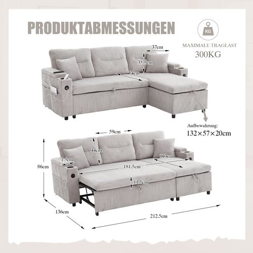 Canapé D'angle Convertible 3 Places En Velours Côtelé Gris Clair, Ports USB Et Coffre Rangements