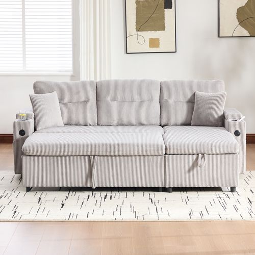 Canapé D'angle Convertible 3 Places En Velours Côtelé Gris Clair, Ports USB Et Coffre Rangements